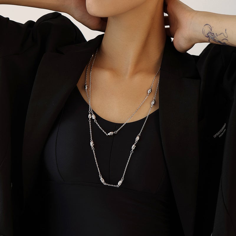 Niche Design Distinctive Long Double-Layer Stacked Bean Wearing Woolen Chain Women'S Simple All-Match Titanium Steel Clavicle Chain - Image 5